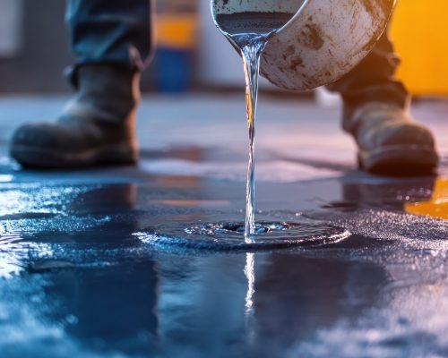 A worker pours liquid onto a surface, highlighting industrial activity and preparation.